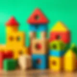 Colorful wooden building blocks arranged creatively