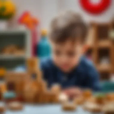 Child engaged in play with wooden blocks, showcasing focus and creativity
