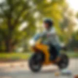 A child riding an electric motorcycle in a park