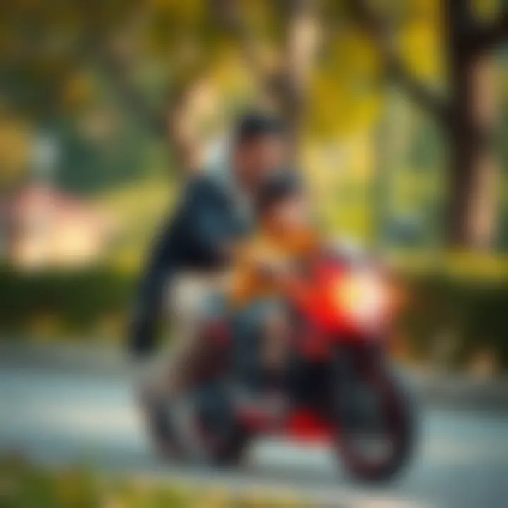 A parent supervising a child riding an electric motorcycle