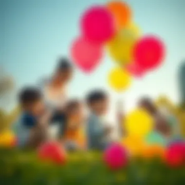 Parents guiding children in a balloon game