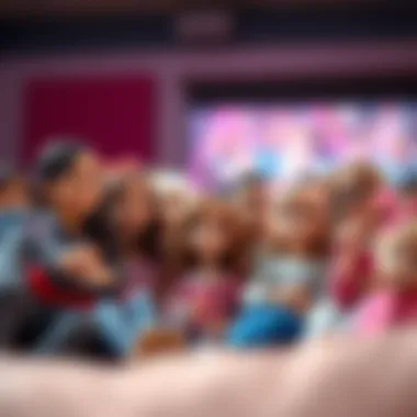 Illustration of diverse age groups watching the Barbie movie together
