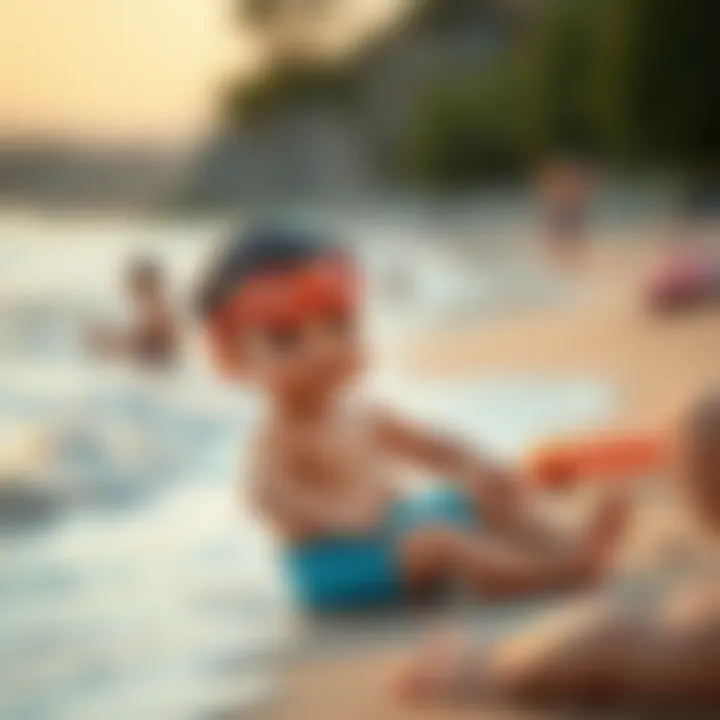 A baby comfortably playing on the beach in appropriate swimwear