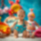 A selection of baby swimwear showcasing vibrant colors and patterns
