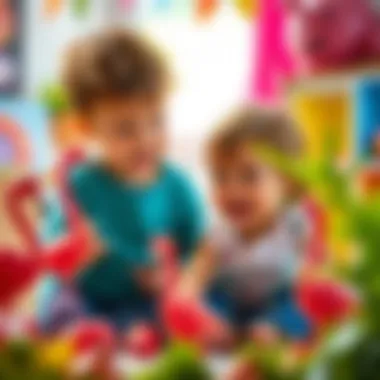 Children playing with baby flamingo toys in a bright environment.