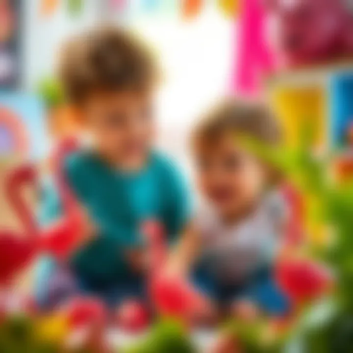 Children playing with baby flamingo toys in a bright environment.