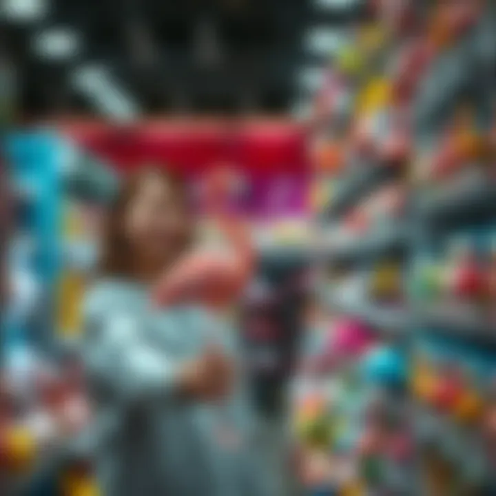 A parent selecting a baby flamingo toy in a store.
