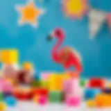 A vibrant baby flamingo toy surrounded by colorful blocks.