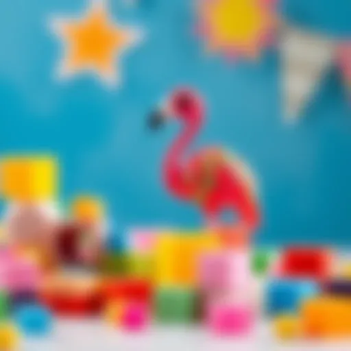 A vibrant baby flamingo toy surrounded by colorful blocks.