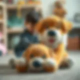 A child playing with a large toy dog, showcasing joy and engagement.