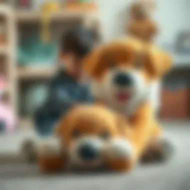 A child playing with a large toy dog, showcasing joy and engagement.