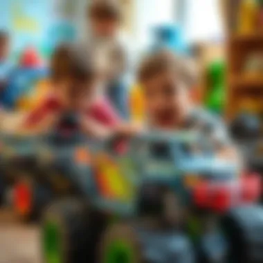 Children engaging with monster truck toys in a playful environment