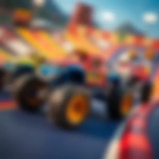Colorful monster trucks racing on a vibrant track