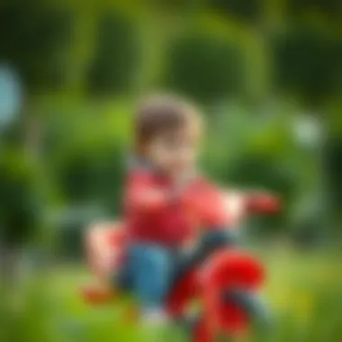 Close-up of a child learning to ride a tricycle, focused and engaged