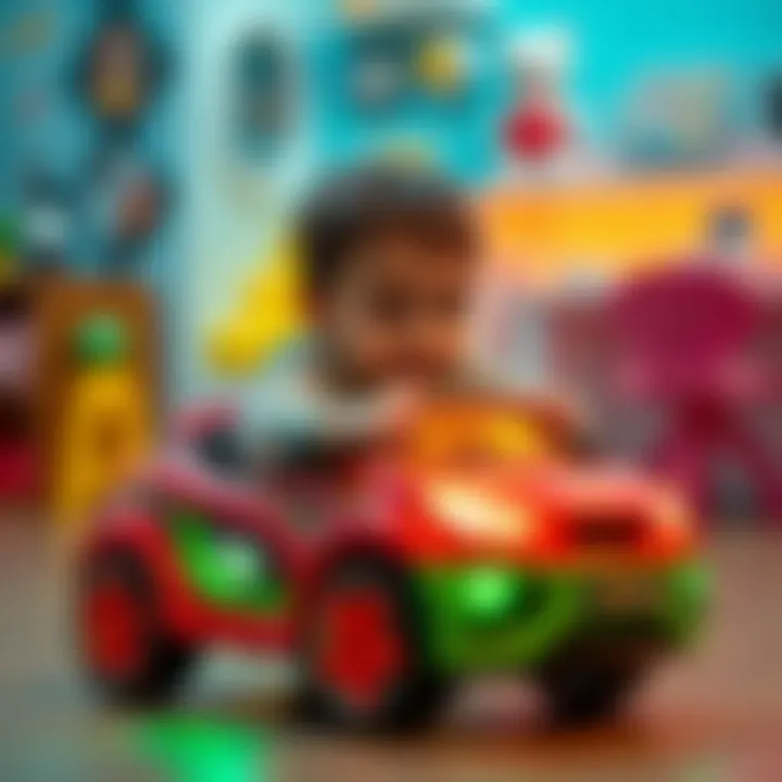 Child playing with a light-up car in a playful environment