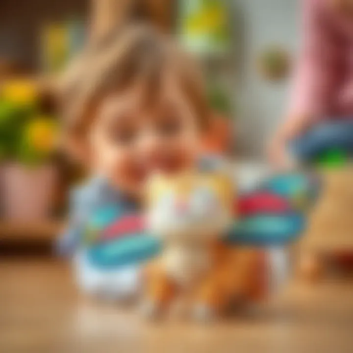 Child interacting happily with a butterfly cat toy