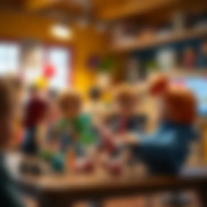 Children engaging with pop figures in a playful environment.