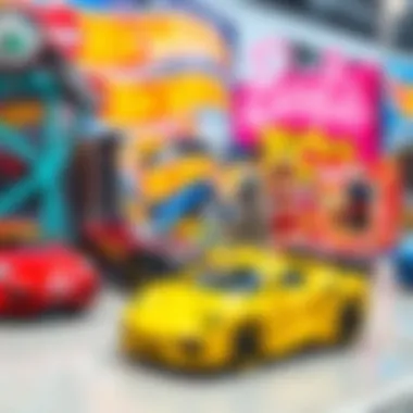 Collaboration Merchandise of Hot Wheels and Barbie A detailed view of Hot Wheels and Barbie collaboration merchandise on display