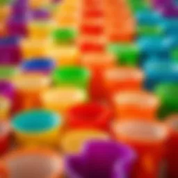 Vibrant colored cups arranged in a playful pattern