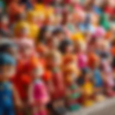 Colorful play dolls displayed in a vibrant array
