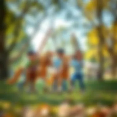 Children playing joyfully with stick horses in a park