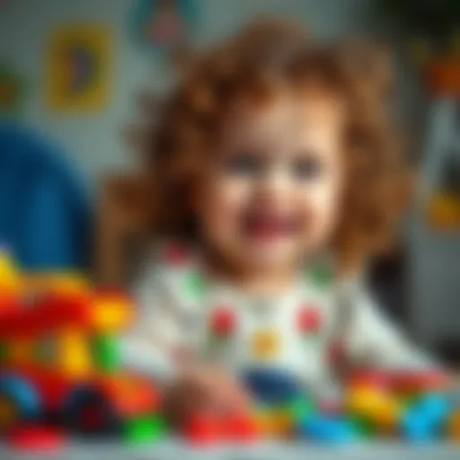 A charming curly-haired baby girl playing with colorful toys.
