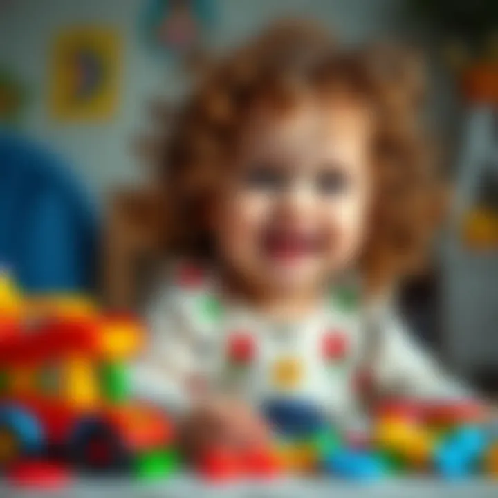 A charming curly-haired baby girl playing with colorful toys.