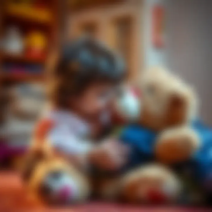 Child engaging with a plush teddy bear in a playful setting, showcasing emotional connection.