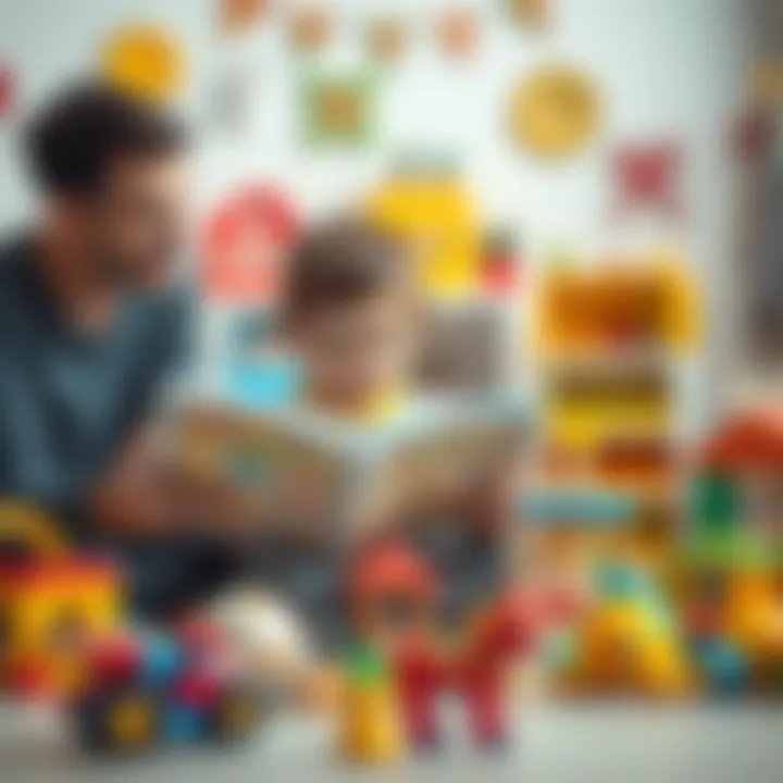 A parent and child reading together while surrounded by various educational toys, illustrating learning through play.