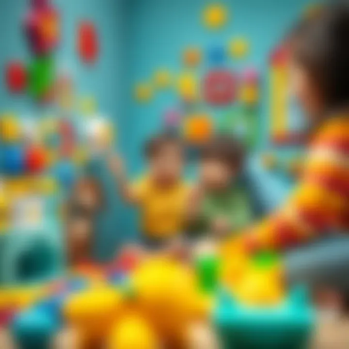 Parents and children interacting positively with wall sticky toys.