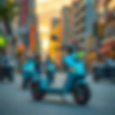 A vibrant cityscape showcasing multiple electric scooters in use