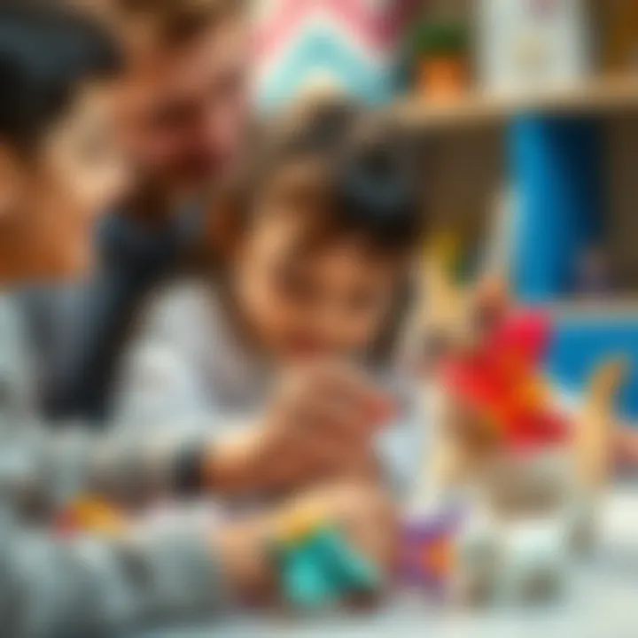 Family choosing a butterfly cat toy from a variety