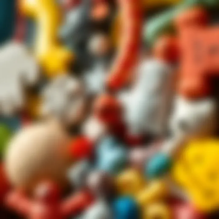 A close-up view of various textures and materials of wall sticky toys.