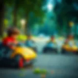 Dynamic scene of children racing electric cars in a park