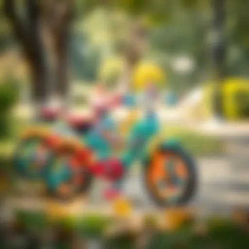 Colorful four-wheeled bicycles for children in a park setting