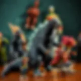 A vintage collection of Godzilla toys showcasing their evolution over the years.