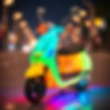 Colorful illuminated scooter showcasing its design