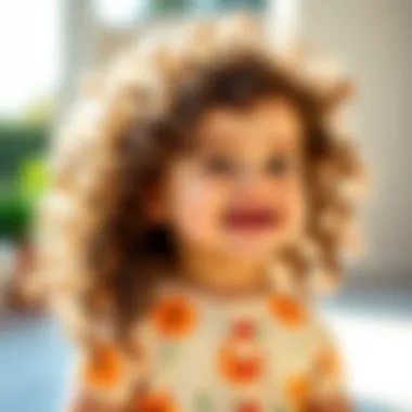 Artistic representation of a joyful curly-haired infant in natural light