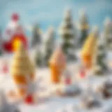 A whimsical snowy landscape with ice cream cones shaped like snowflakes