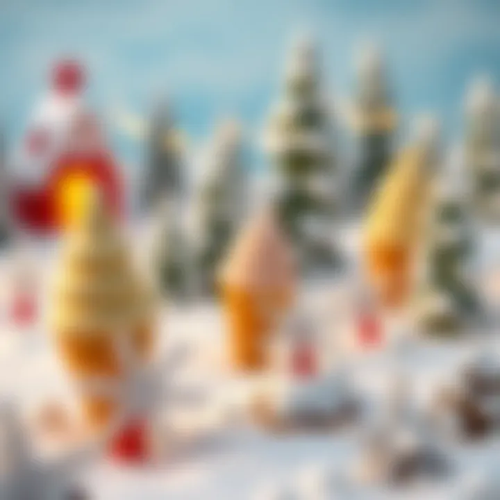 Whimsical Snowy Landscape A whimsical snowy landscape with ice cream cones shaped like snowflakes