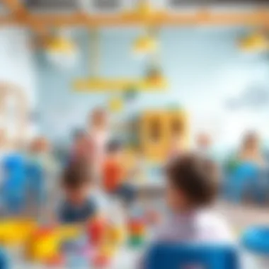 A vibrant classroom filled with children engaging in play-based learning activities.