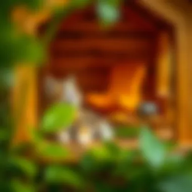 Cat Relaxing in a Wooden House Cat enjoying leisure time in a wooden house