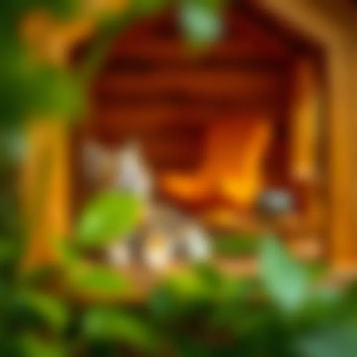 Cat Relaxing in a Wooden House Cat enjoying leisure time in a wooden house