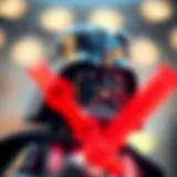 Close-up view of the intricate design of the Lego Darth Vader helmet.