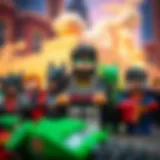 A dynamic display of various Lego DC minifigures representing iconic superheroes