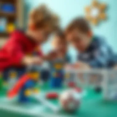 Children collaborating with Lego sets to create a soccer match