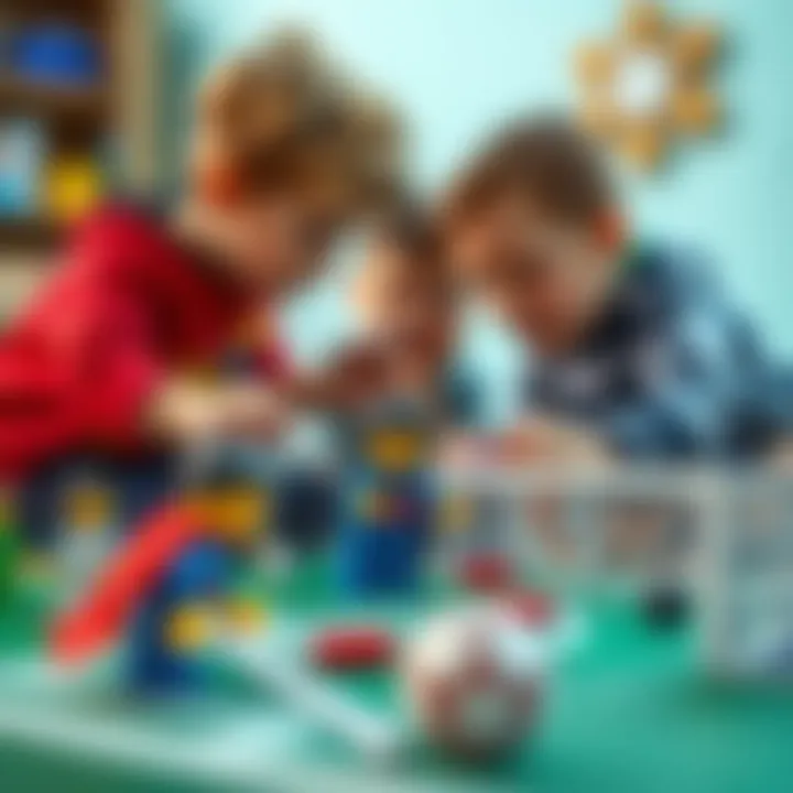 Children collaborating with Lego sets to create a soccer match