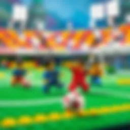 A vibrant Lego soccer scene with imaginative designs
