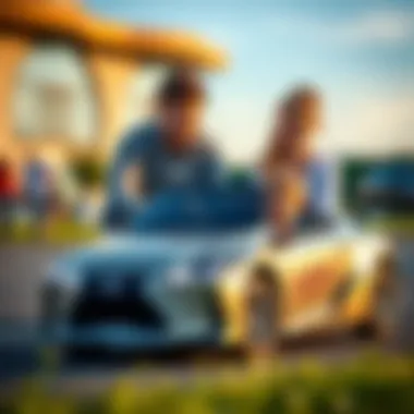 Parental Supervision with Lexus Electric Car Parents watching their child play and drive a Lexus electric car, ensuring safety