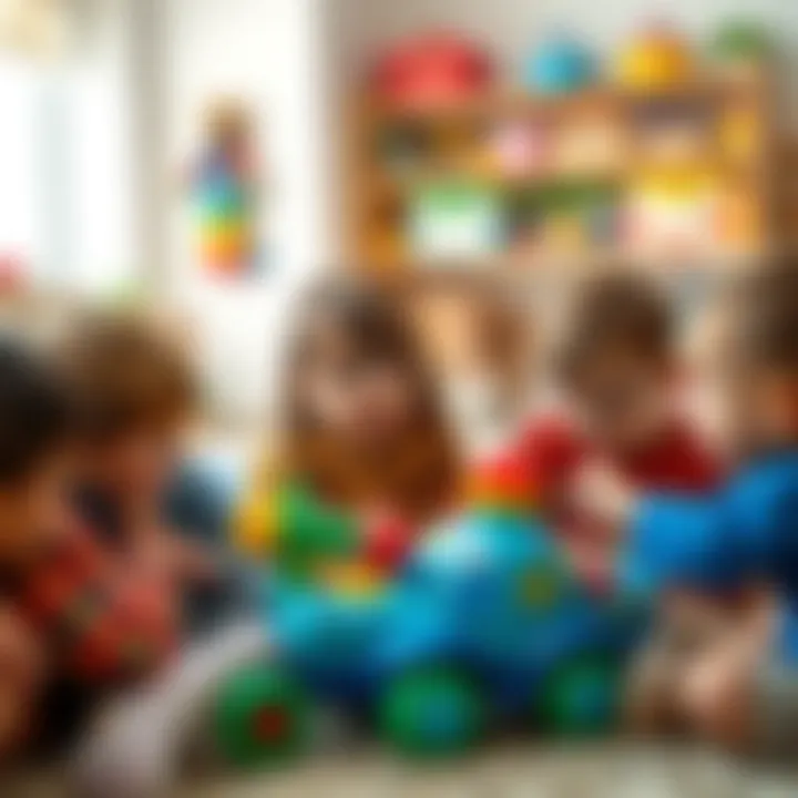 Group of children engaging with Marshall toys, fostering social skills.